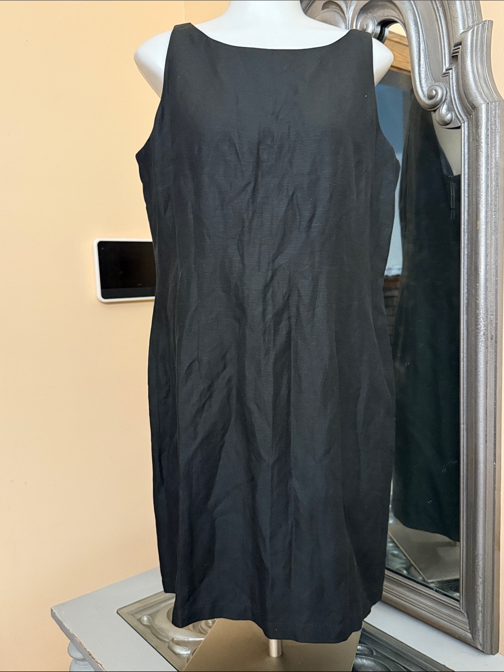 Eddie Bauer 14 Petite Silk Linen Blend Black Sleeveless Boatneck Shift Dress
